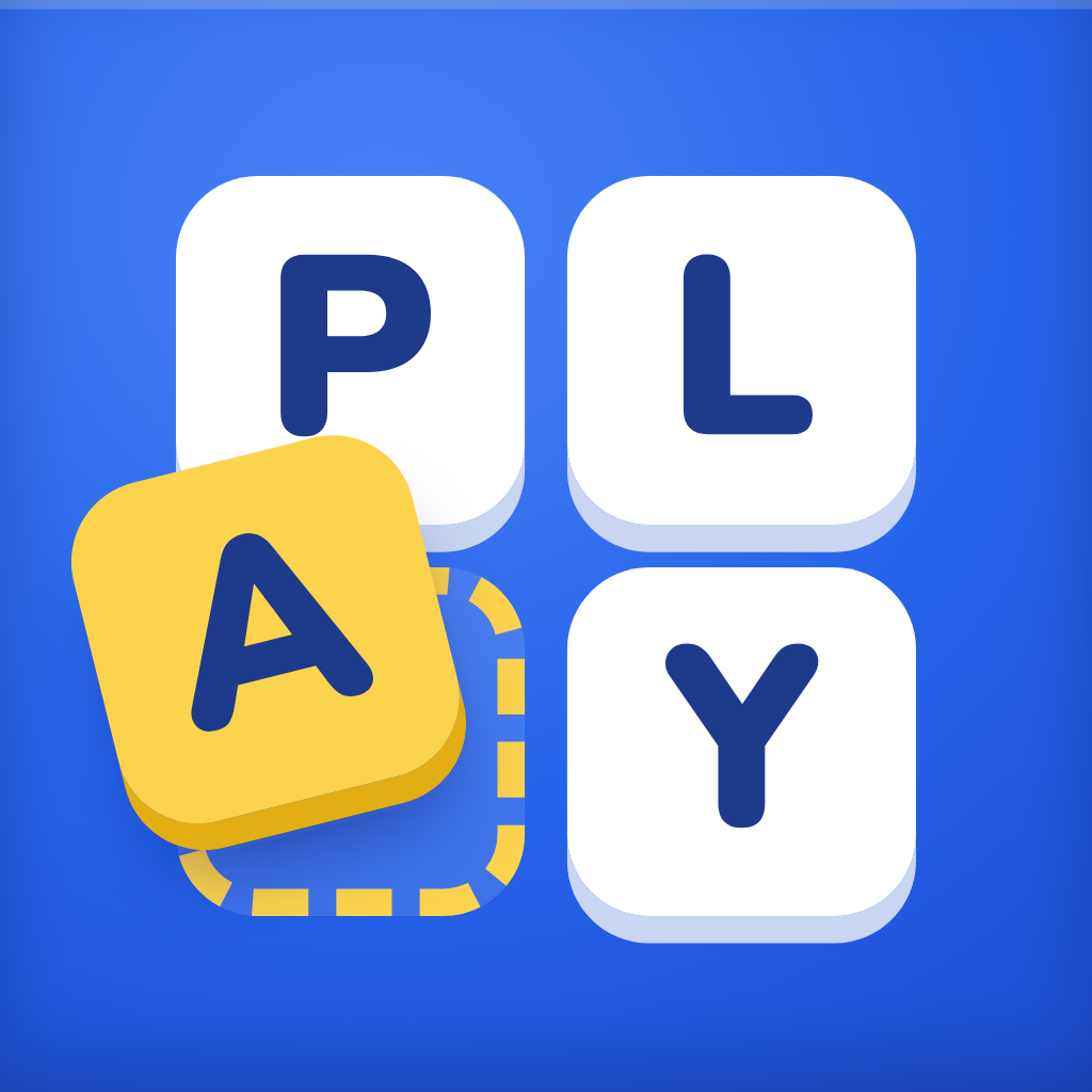 The VowelPlay app icon: P, L and Y tiles, with a yellow A tile dropping into a dashed slot.